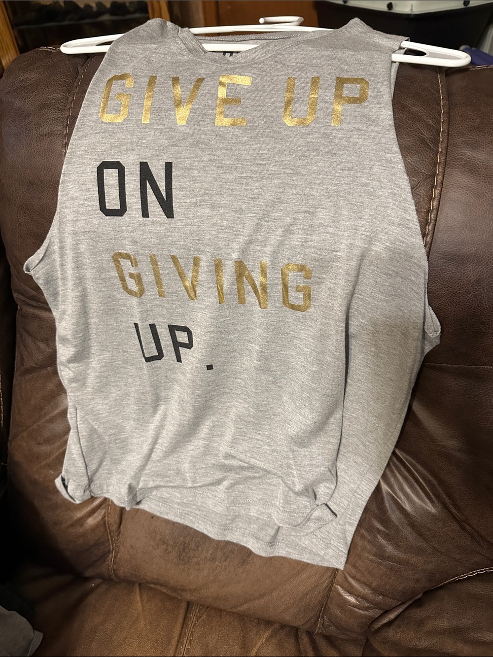 Chin Up Apparel Gray Muscle Tee with Gold & Black Text